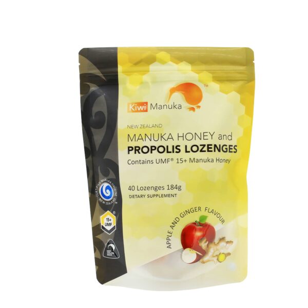 KIWI MANUKA UMF 15+ / 514+ MGO MANUKA HONEY & PROPOLIS LOZENGES (APPLE & GINGER) - Image 2