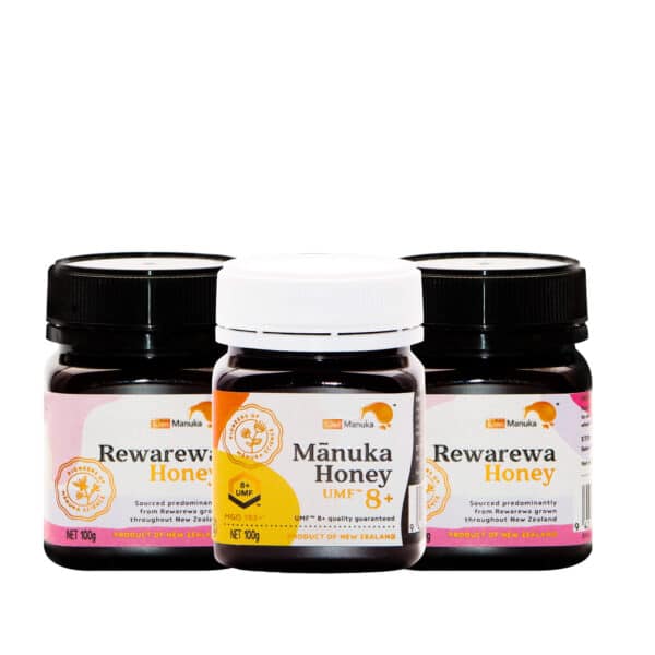 Kiwi Manuka 3 x 100g honey (2 x Floral / 1 x UMF 8+ / 182+ MGO MANUKA HONEY) + gift bag